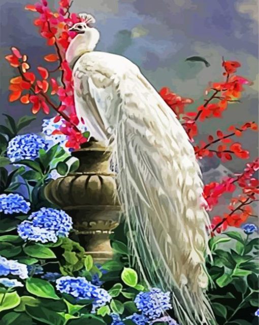 White Peacock And Flowers Diamond Painting