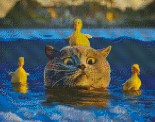 Duck And Cat In Water Diamond Painting