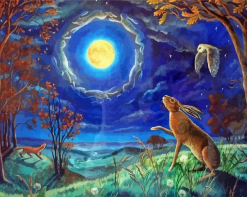 Hare And Moon In The Forest Diamond Painting