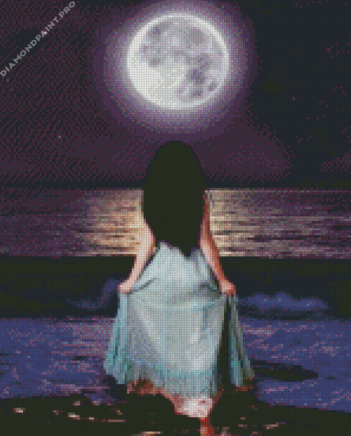 Girl With Moon By Beach Diamond Painting