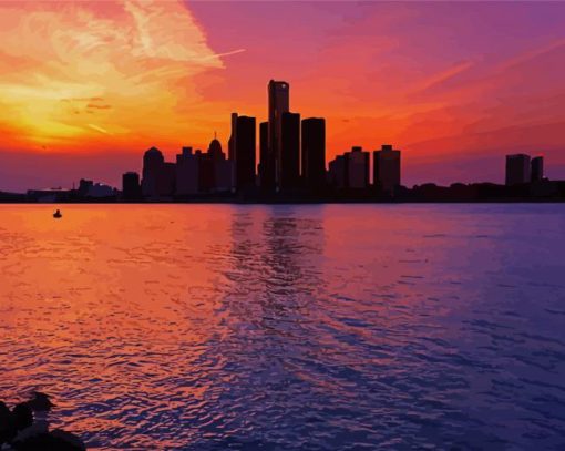 Detroit Skyline Sunset Silhouette Diamond Painting