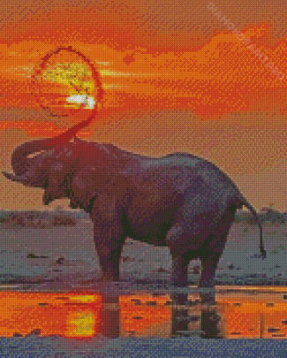 African Elephant In Water Art Sunset Diamond Painting
