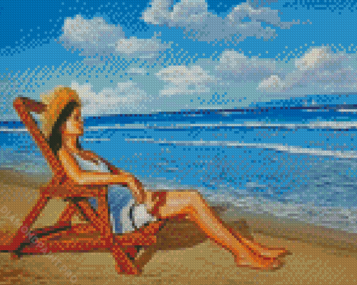 Relaxing Woman Sitting On Beach Diamond Painting