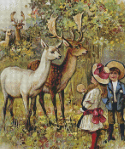 Two Young Children Feeding The Deer In A Park English School Diamond Painting