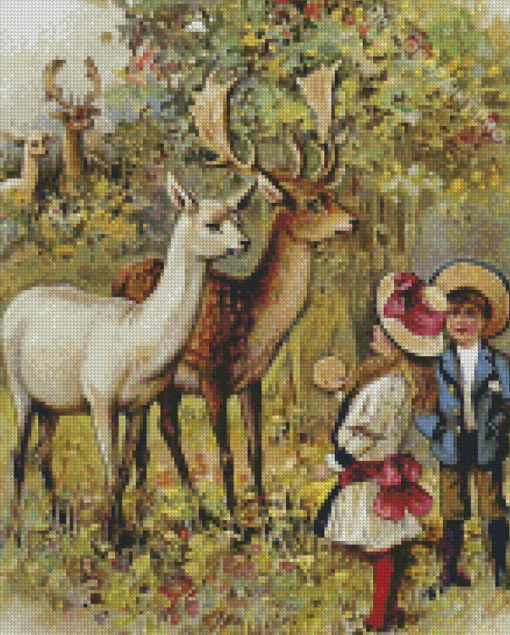 Two Young Children Feeding The Deer In A Park English School Diamond Painting