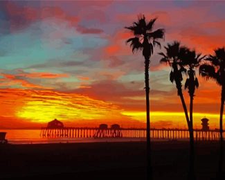 Huntington Beach Sunset Silhouette Diamond Painting