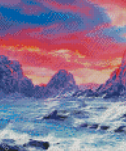 Pink Sunset With Mountain And Waves Art Diamond Painting