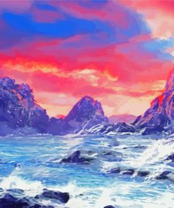 Pink Sunset With Mountain And Waves Art Diamond Painting
