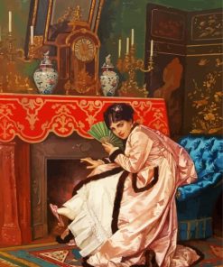Woman Sitting In Front Of A Fireplace By Auguste Toulmouche Diamond Painting