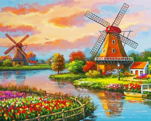 Aesthetic Dutch Windmills Diamond Painting
