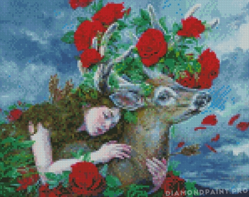 Aesthetic Girl And Deer Illustration Diamond Painting