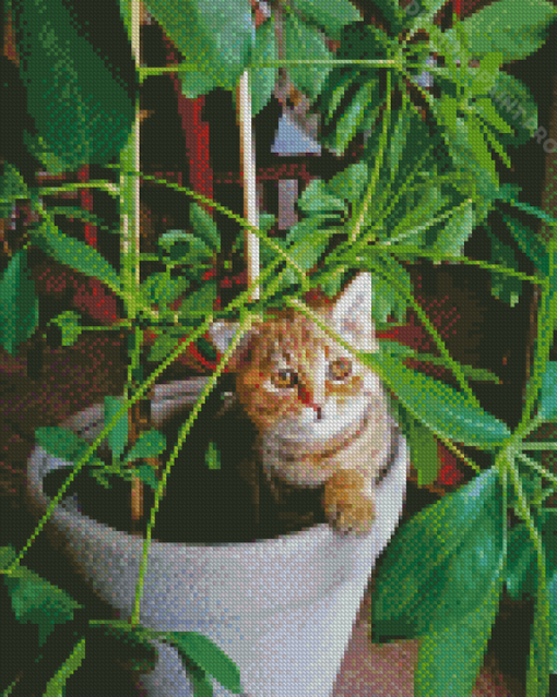 Cat Sitting On Potted Plant Diamond Painting