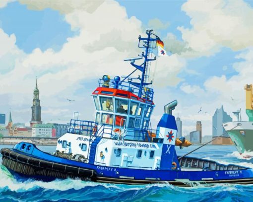 Blue Tug Boat Art Diamond Painting