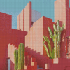 Green Cactus And Pink Building Diamond Painting