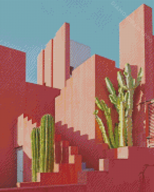 Green Cactus And Pink Building Diamond Painting