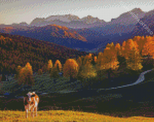 Cute Cows Fall Scene Landscape Diamond Painting