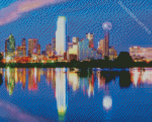 Dallas Skyline Reflection At Night Diamond Painting