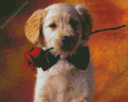 Golden Puppy With Red Rose Diamond Painting