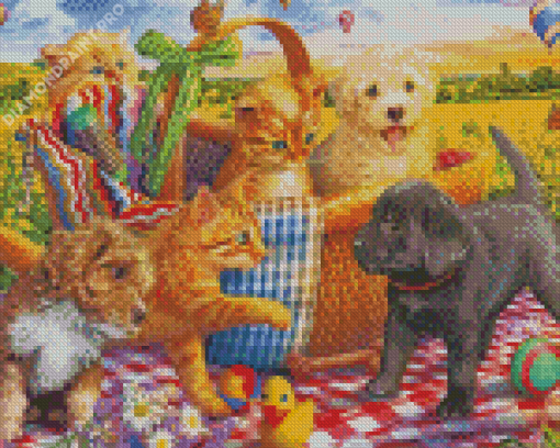 Kittens And Puppies Picnic Diamond Painting