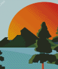 Mountain Lake Sun Trees Diamond Painting