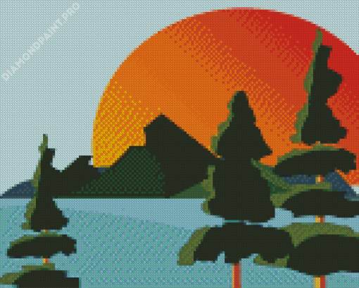 Mountain Lake Sun Trees Diamond Painting
