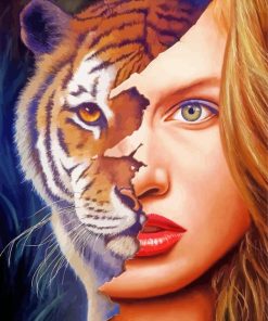 Tiger And Woman Face Diamond Painting