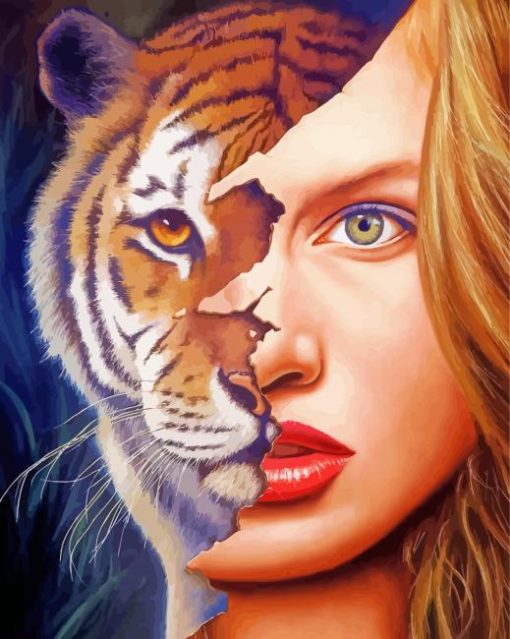 Tiger And Woman Face Diamond Painting