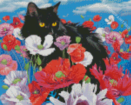 Adorable Black Cats And Flowers Art Diamond Painting