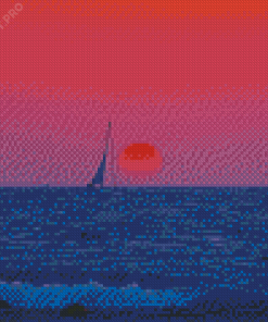 Pink Sunset With Boat Diamond Painting