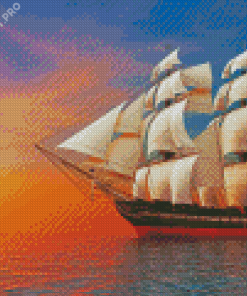 Rigged Ship Sunset Diamond Painting