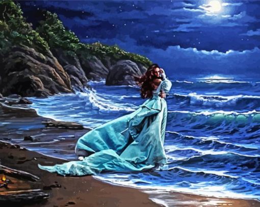 Girl On Beach In Blue Dress Diamond Painting