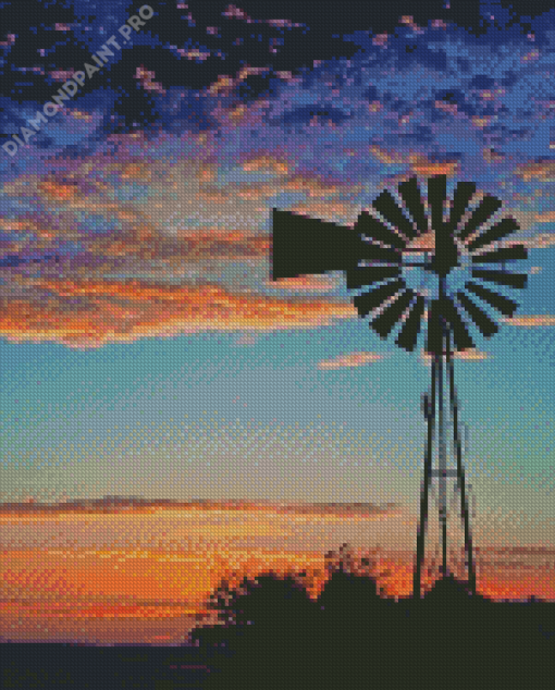 Sunset Silhouette Western Windmill Diamond Paintings