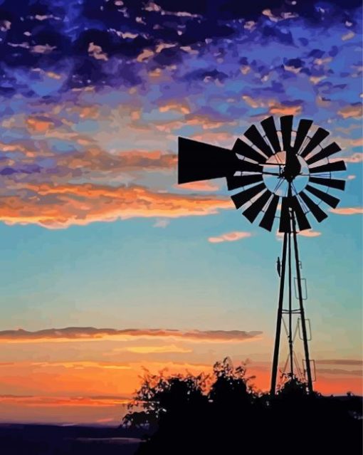 Sunset Silhouette Western Windmill Diamond Paintings
