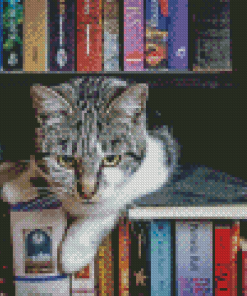 Aesthetic Cats In Bookshelves Diamond Painting