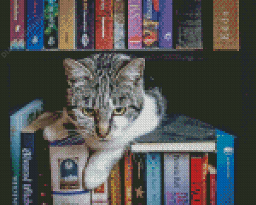 Aesthetic Cats In Bookshelves Diamond Painting