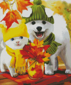 Cat And Dogs In Autumn Diamond Painting