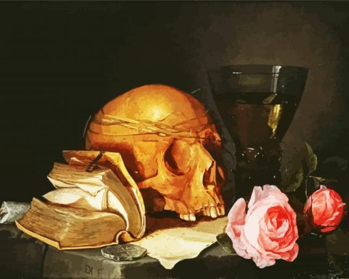 A Vanitas Still Life With A Skull A Book And Roses By De Heem Diamond Painting