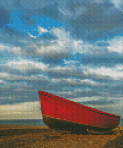 Beach With Red Row Boat Diamond Painting
