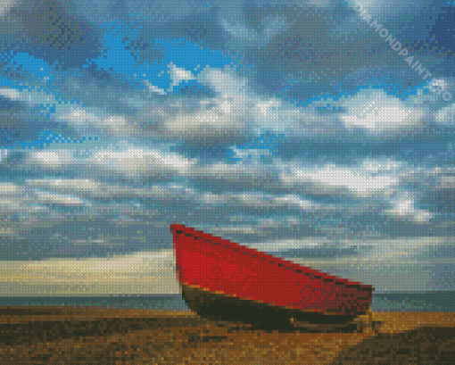 Beach With Red Row Boat Diamond Painting