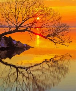 Beautiful Tree By Water At Sunset Diamond Painting