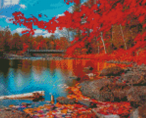 Lake In Red Forest Diamond Painting