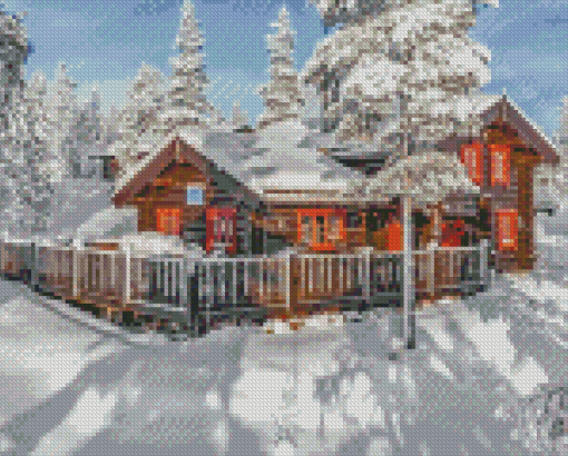 Aesthetic Norwegian Cabin In Snow Diamond Painting