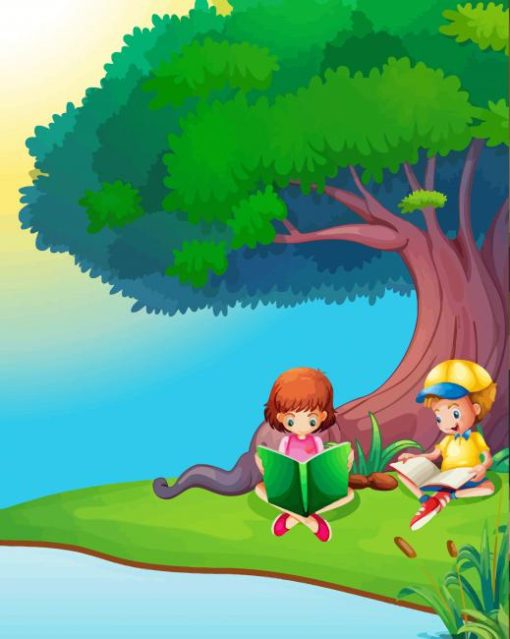 Boy And Girl Reading Under The Tree Diamond Painting