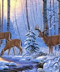 White Tailed Deers In The Snow Diamond Painting