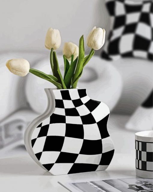 Checkered Vase And White Tulips Diamond Painting