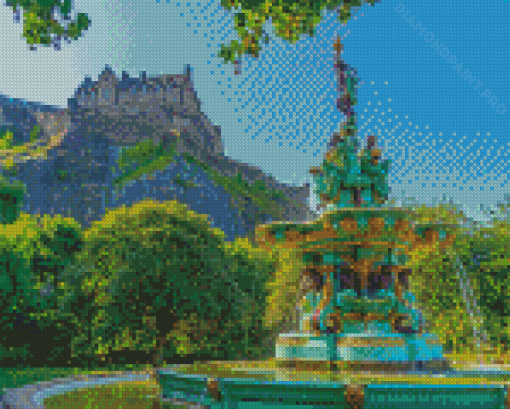 View Of The Ross Fountain And Edinburgh Castle West Princes Street Gardens Diamond Painting