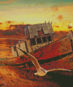 Abandoned Fishing Boat Sunset Diamond Painting