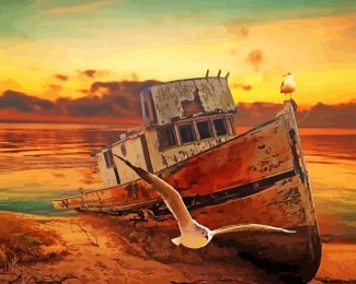 Abandoned Fishing Boat Sunset Diamond Painting