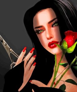 Girl Dark Red Rose Diamond Painting