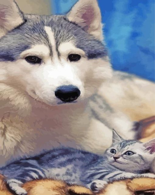 Husky with Kitten Diamond Painting